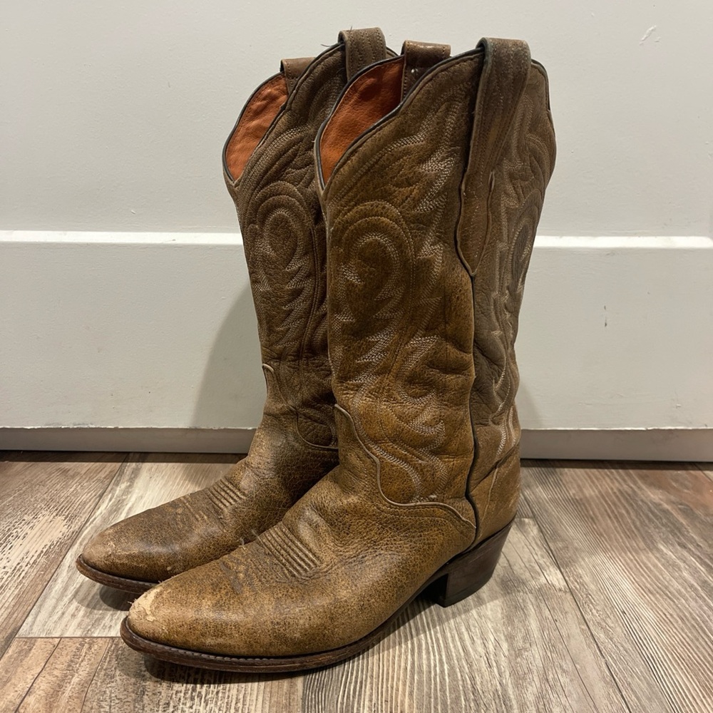 Vintage J Chisholm Mens Boots Size 10 D Brown Leather Cowboy Boots Seasoned